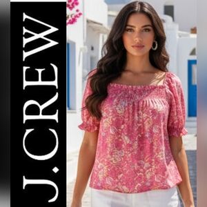 J. Crew Pink Floral Short Sleeve Peasant Top